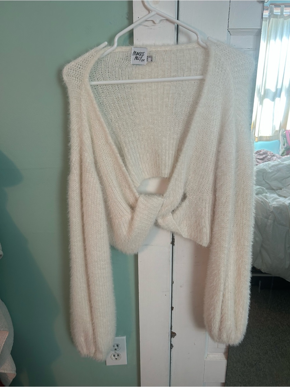 Cream Fuzzy Knit Twist-Front Women's Sweater